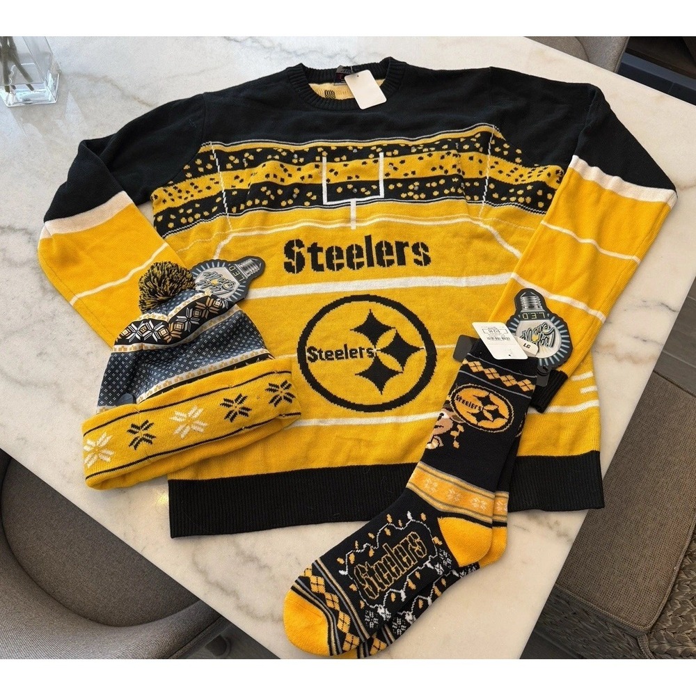 NFL  Men's Pittsburgh Steelers Black/Gold Light Up Ugly Sweater, HAT & SOCKS‎ L